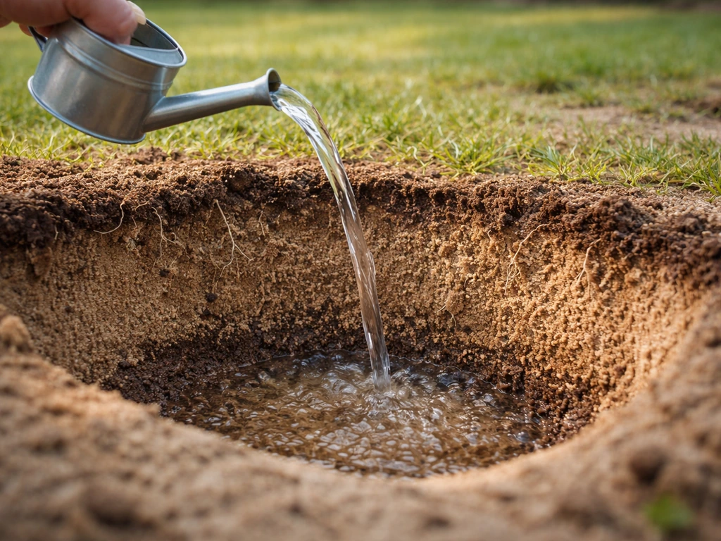 Coupe de sol sableux où l’eau traverse vite, avec quelques racines fines peu profondes visibles.