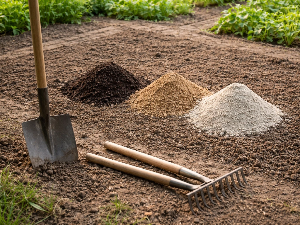 Sol nu de jardin avec compost, terre végétale et argile en poudre, bêche et râteau à côté.