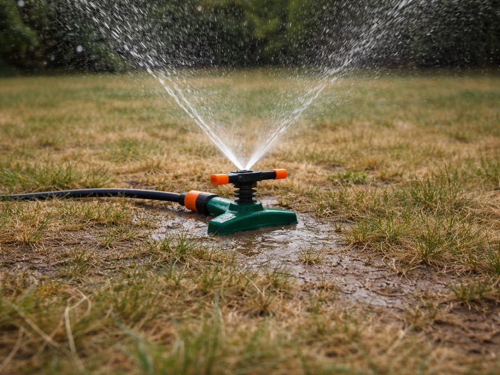 Arroseur rotatif réglé trop haut, eau retombant en surface sur une pelouse sèche sans bien pénétrer.