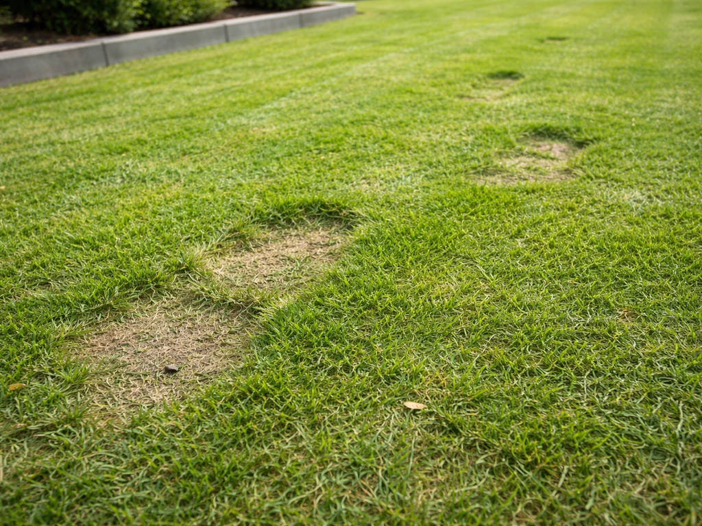 Pelouse tondues à ras, sol plus exposé et traces de pas montrant un piétinement en été.