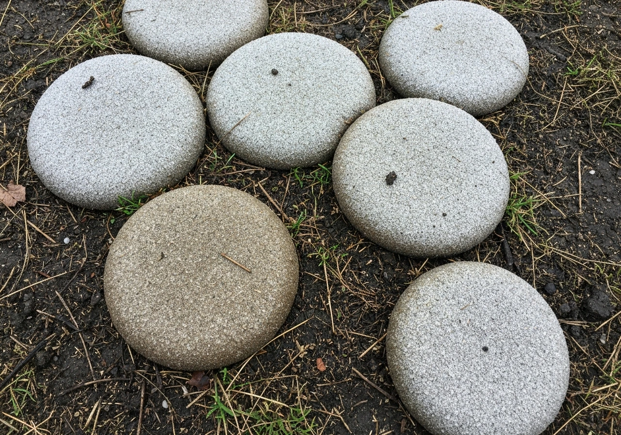 Plaques rondes gris-brun sur une pelouse avec feutrage blanc/gris, aspect de moisissure plutôt que de givre.